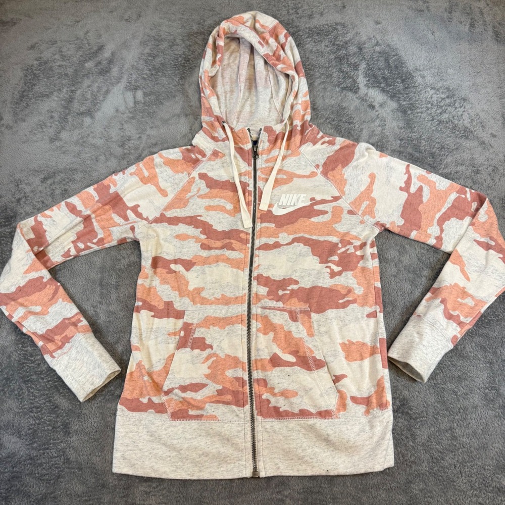 Nike Womens XS Peach Camo Full Zip Hoodie Lightweight Organic Cotton Blend